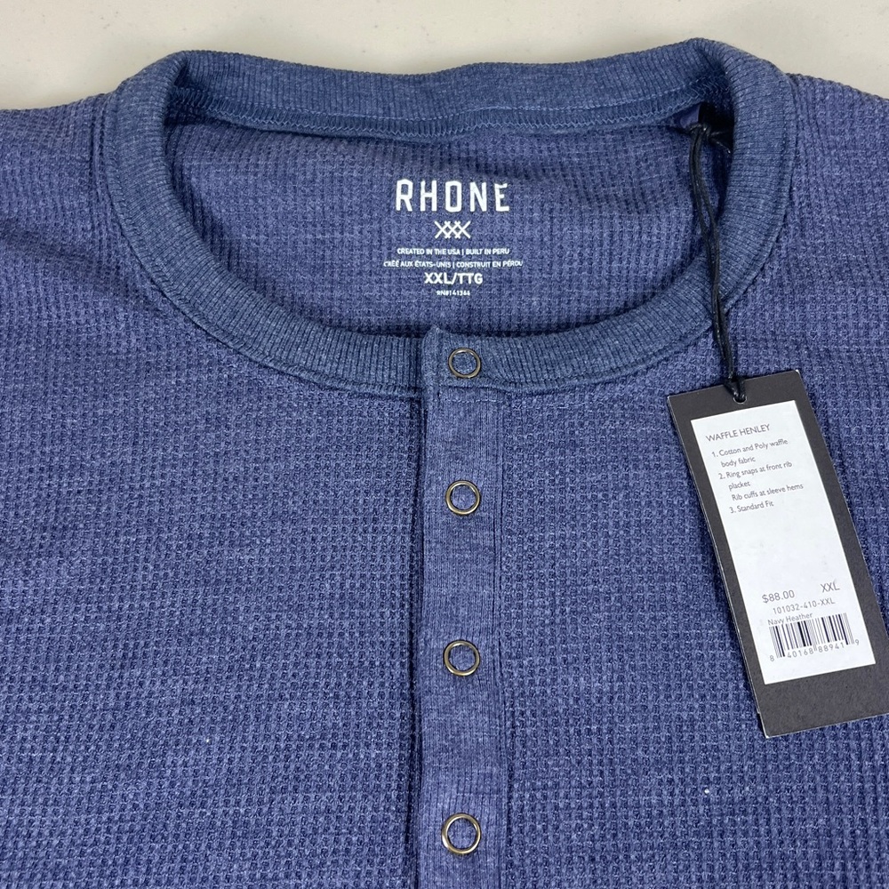 Rhone Men's Cotton Poly Waffle Navy Heather Long Sleeve Henley NWT - Picture 9 of 10